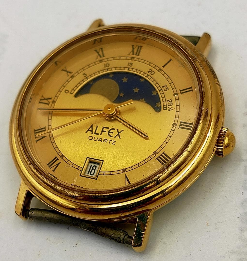 Alfex Moonphase Gold-Plated Quartz Date Watch | Swiss Made - Alfex
