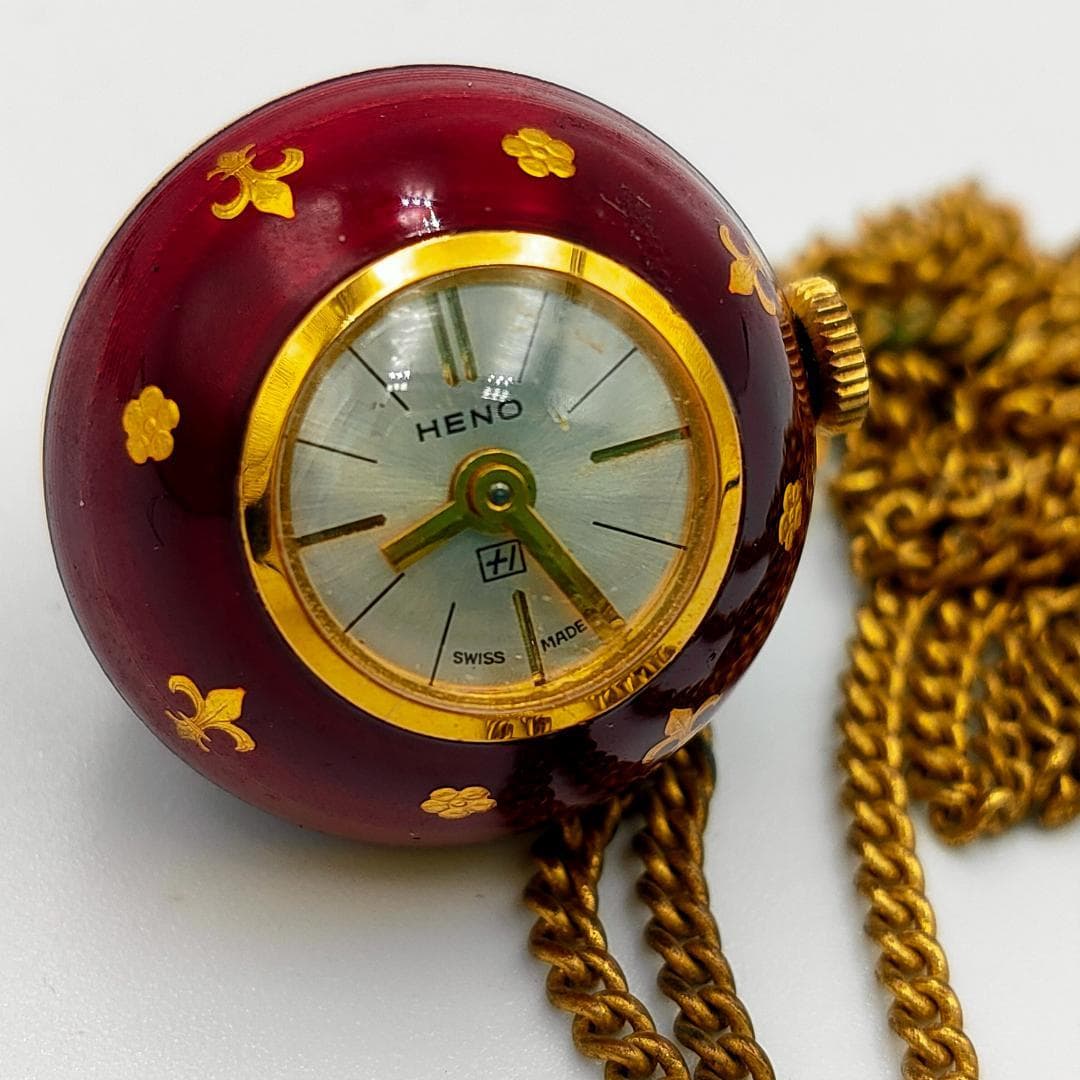 AS-IS HENO Vintage 17J Swiss Enamel Ball Pendant Watch w/ Chain | Japan - HENO