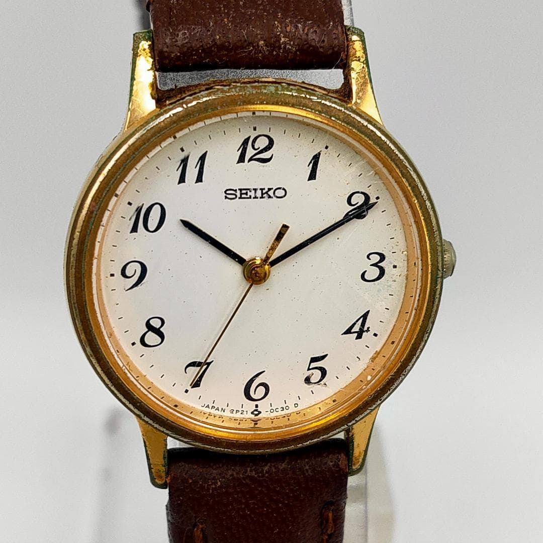 Seiko 2P21-0A30 Gold-Tone White Dial Leather Band Quartz Watch | Japan - SEIKO