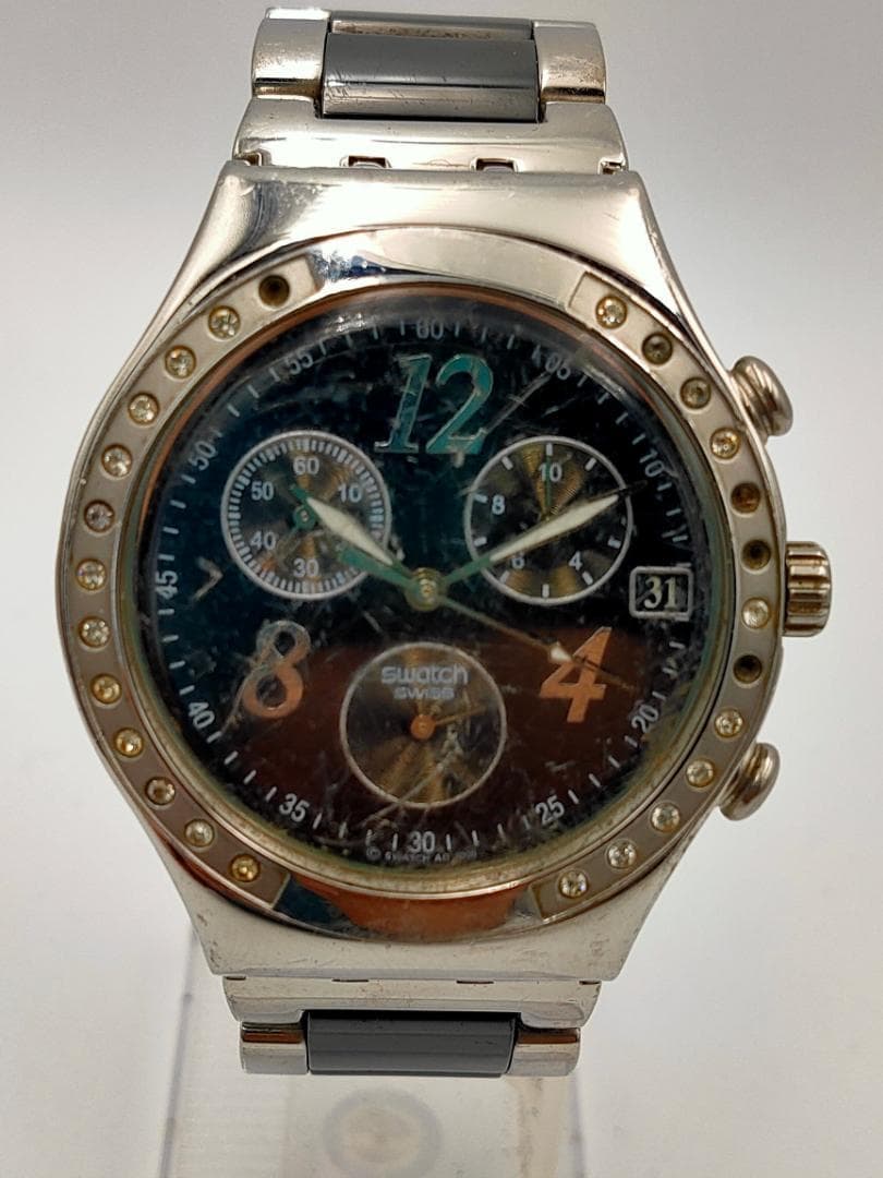 swatch Swatch Irony Chrono Men's Swiss Quartz Watch — Black Dial — Crystal Bezel — Steel Bracelet 